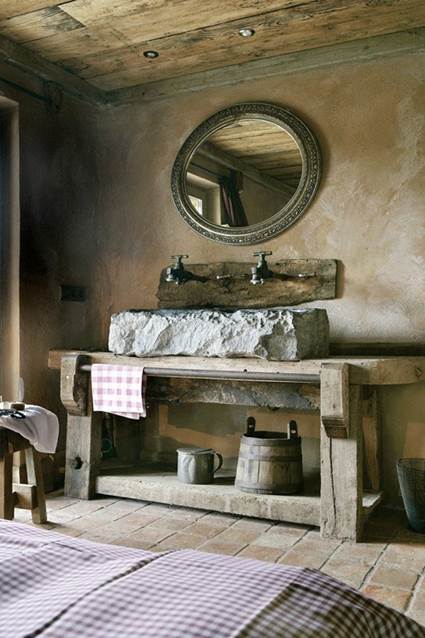 Baño con madera y piedra