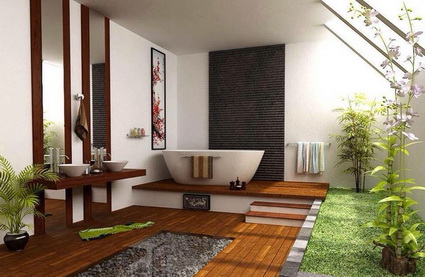 Baño en madera con muchas plantas