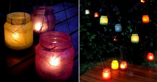 Faroles con frascos reciclados y papel de seda