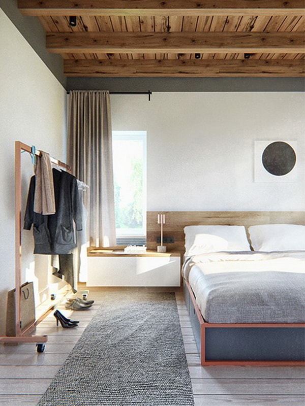 Dormitorio principal con suelo y techo de madera