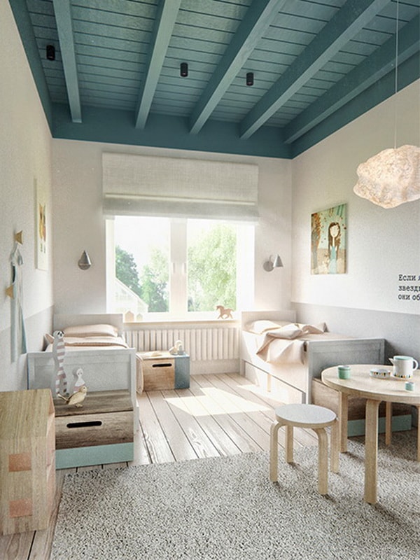 Dormitorio infantil con techo de madera pintado