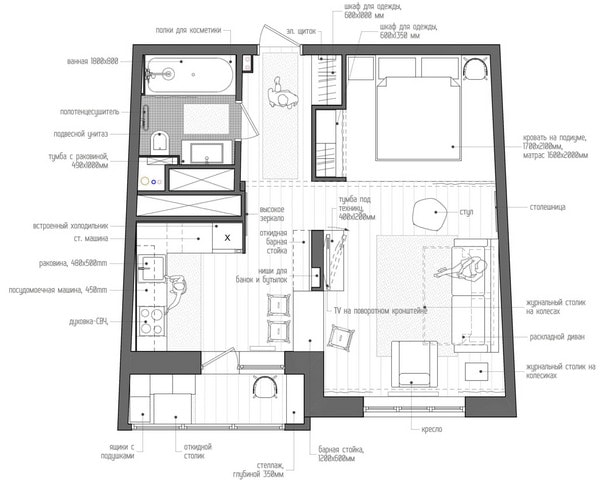 Plano de apartamento de 45 metros cuadrados