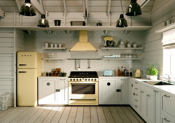 Cocina con electrodomésticos retro y mucha madera