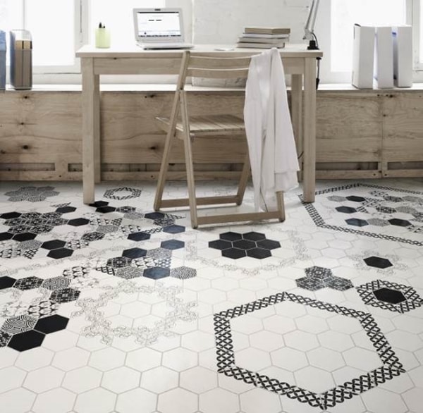 Revestimiento de suelo con baldosas hidráulicas hexagonales