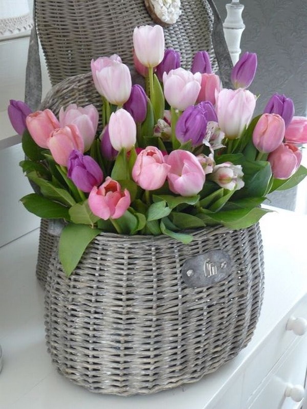 Tulipanes en cesta de mimbre