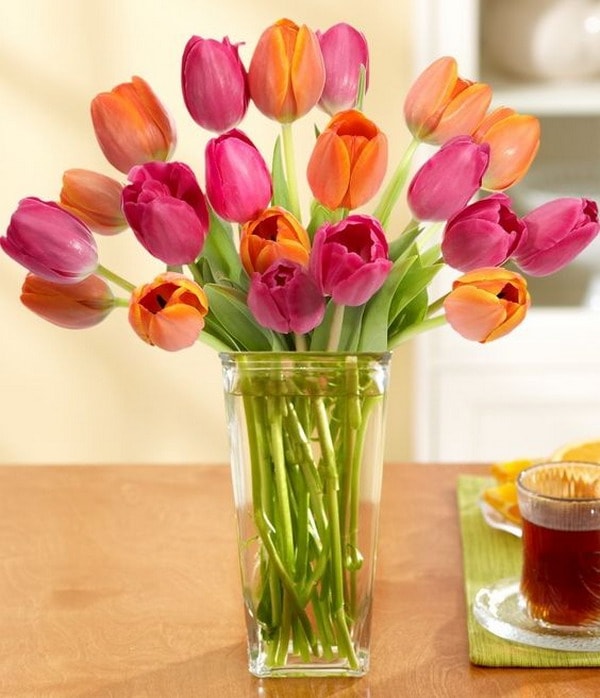 Jarrón de cristal con tulipanes