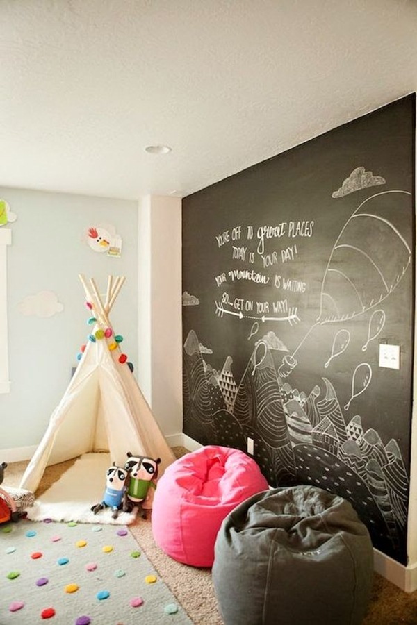 Pared de pizarra en cuarto de juegos