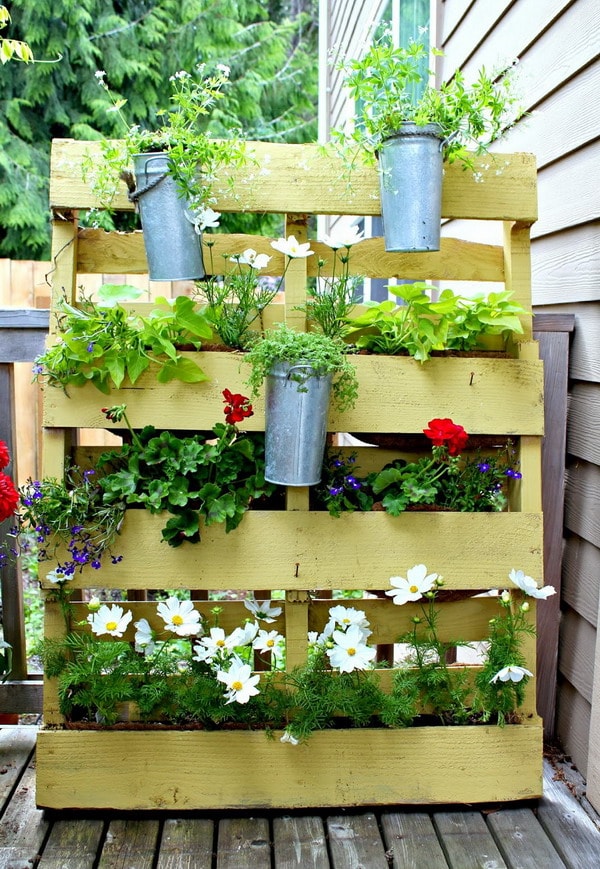 Jardín vertical hecho con tarima de madera