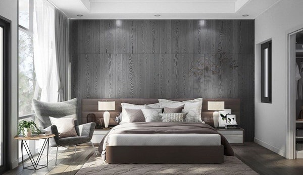 Dormitorio en color gris y marrones