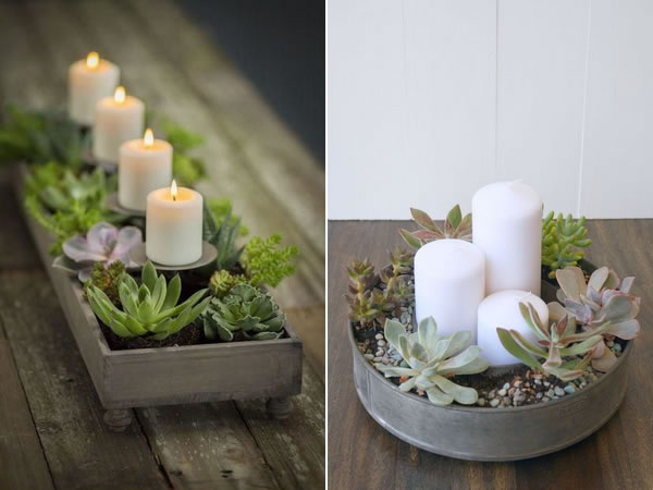 Centros de mesa con velas y plantas