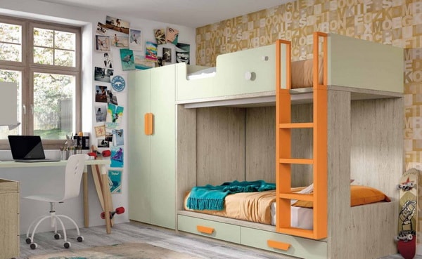 Litera con armario y espacio de almacenaje bajo la cama en dormitorio juvenil moderno