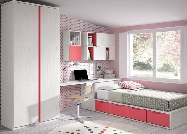 Dormitorio juvenil en blanco y rojo
