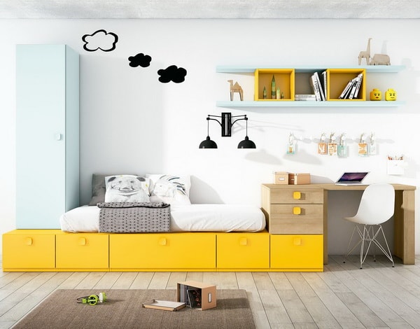 Dormitorio juvenil en blanco, azul y amarillo