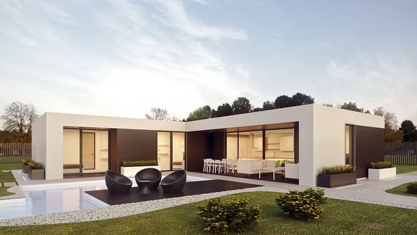 Diseño 3D de casa moderna con piscina