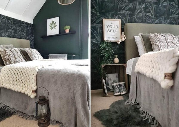 Dormitorio con papel pintado en tonos oscuros