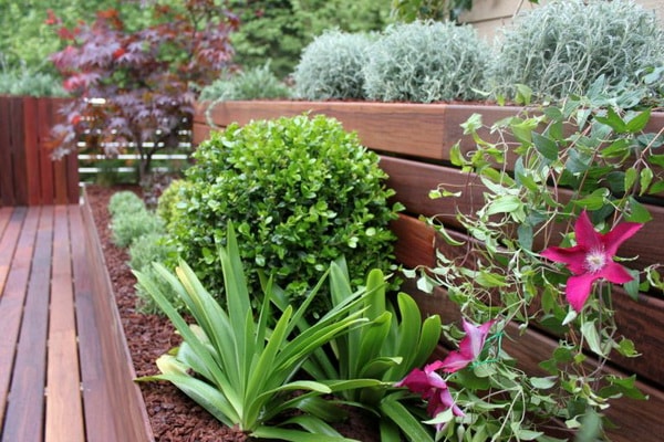 Madera y muchas plantas para terrazas