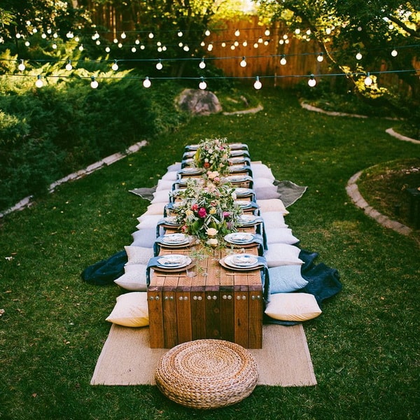 Gran mesa decorada para una fiesta al aire libre