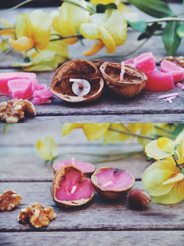Velas con cascaras de nuez