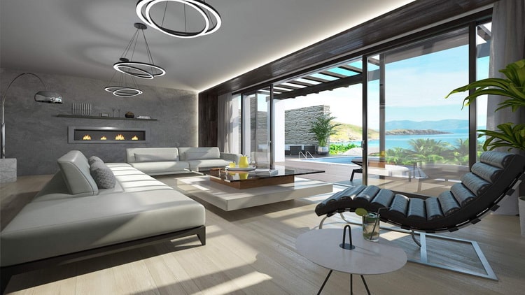 Gran salón moderno con amplios ventanales