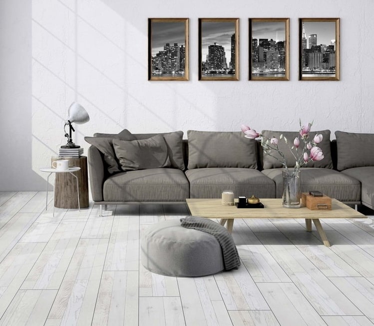 Salón nórdico con suelo gris