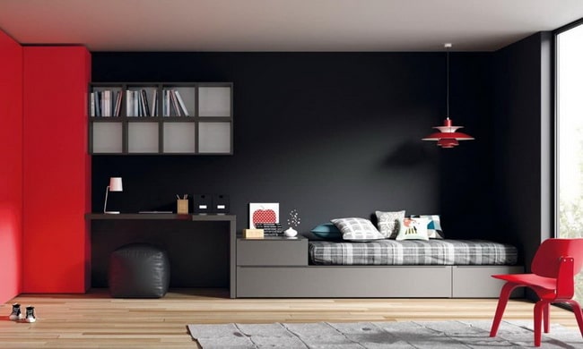 Habitación juvenil en negro y rojo