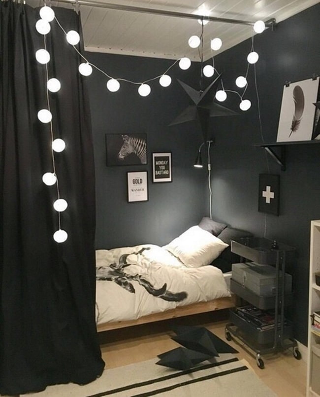 Dormitorio negro y detalles en gris