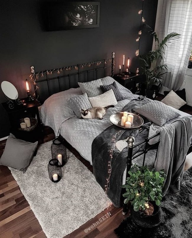Dormitorio en color gris y negro