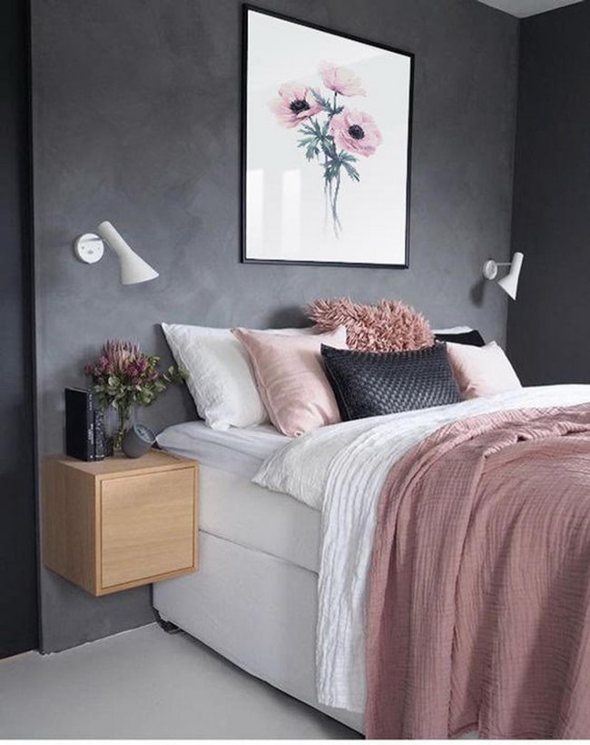 Dormitorio en color gris y rosa
