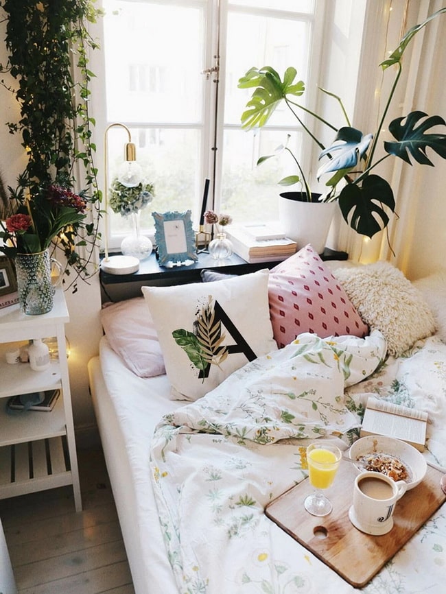 Muchas plantas en el dormitorio