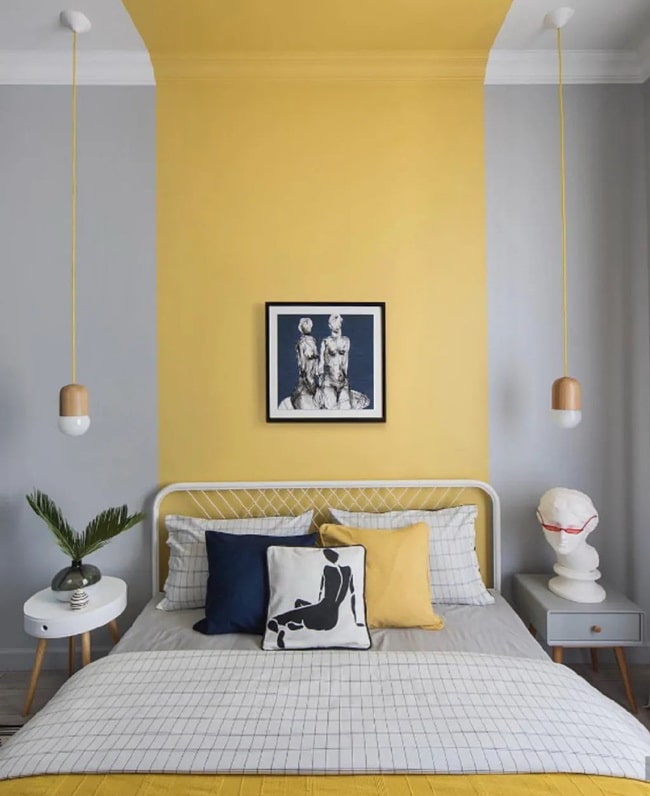 Dormitorio en amarillo y gris