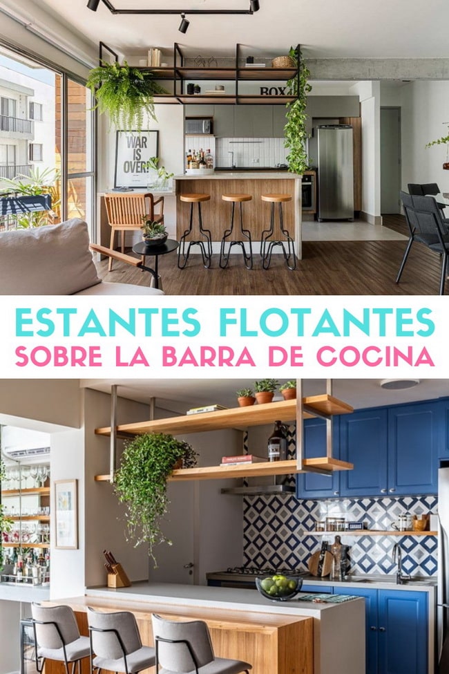 Estantes flotantes sobre la barra de cocina