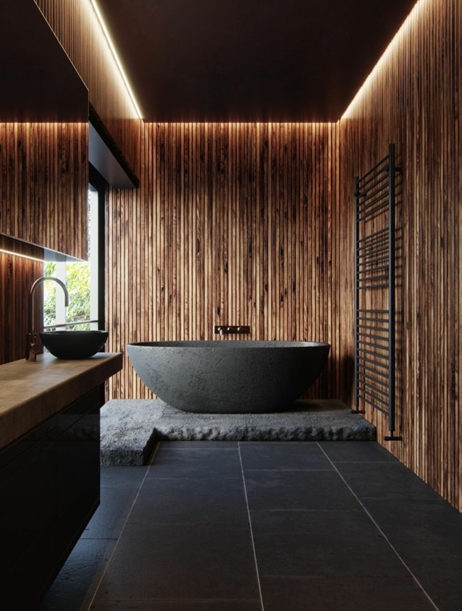 Baños en color negro y madera