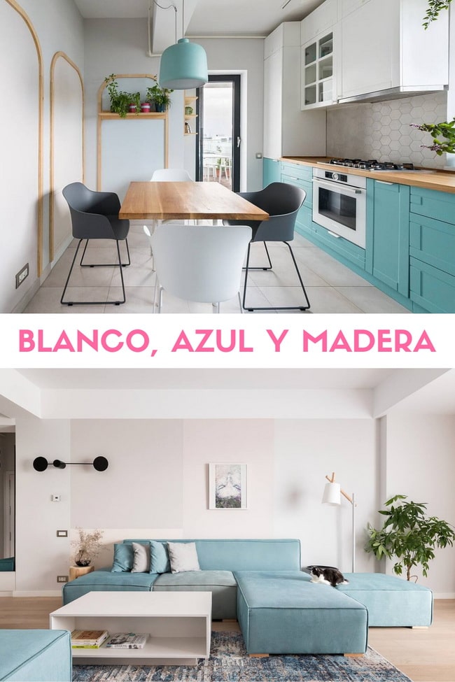 Blanco, azul y madera