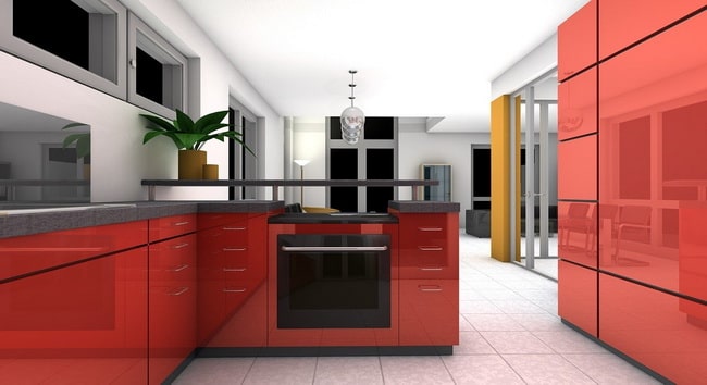 Cocina con muebles rojos