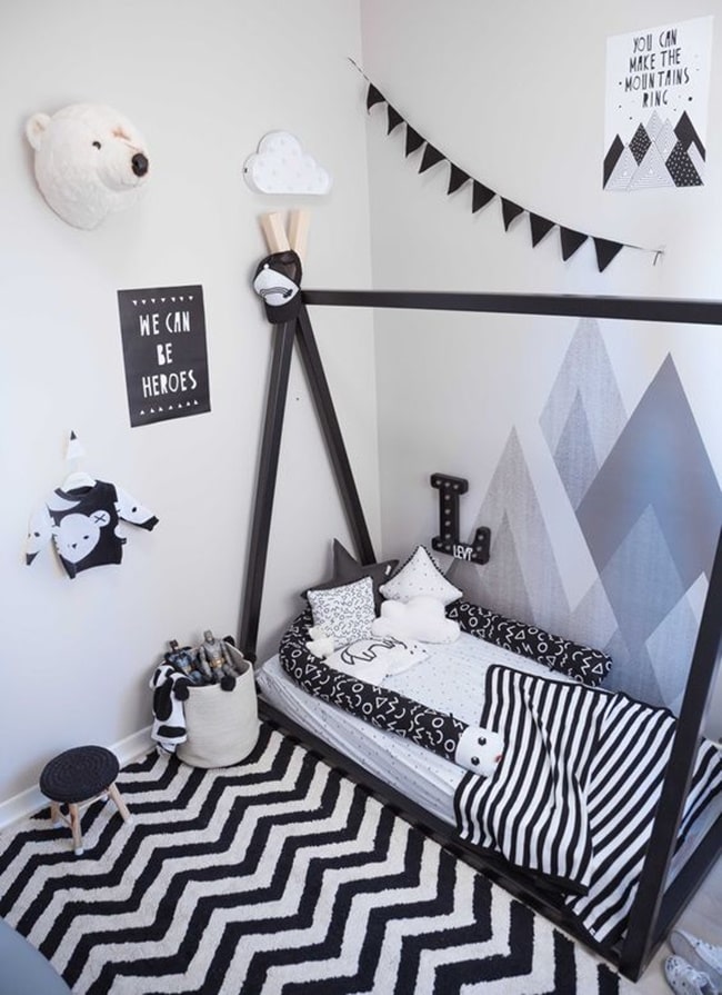 Dormitorio infantil en blanco y negro