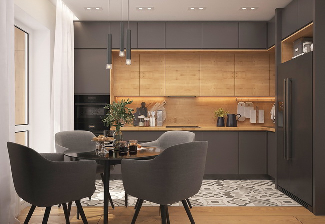 Cocina en gris y madera