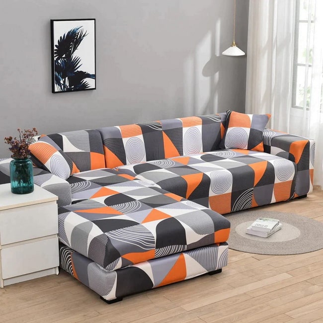 Funda sofá chaise longue en negro, gris y naranja