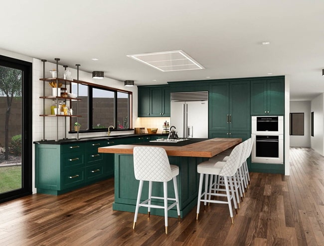 Cocinas en color verde y madera