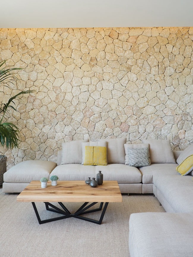 Pared de piedra en la sala