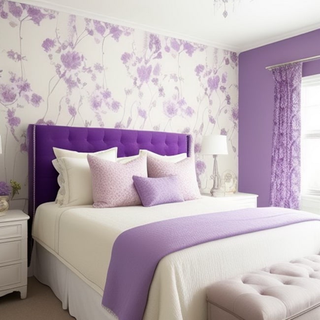 Dormitorio en blanco y morado