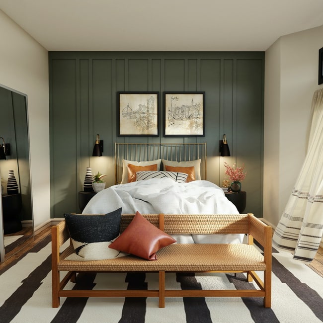 Habitación matrimonial verde y blanco