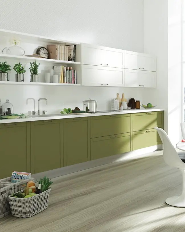 Cocina blanca y verde pistacho