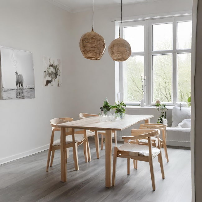 Comedor en gris, blanco y madera