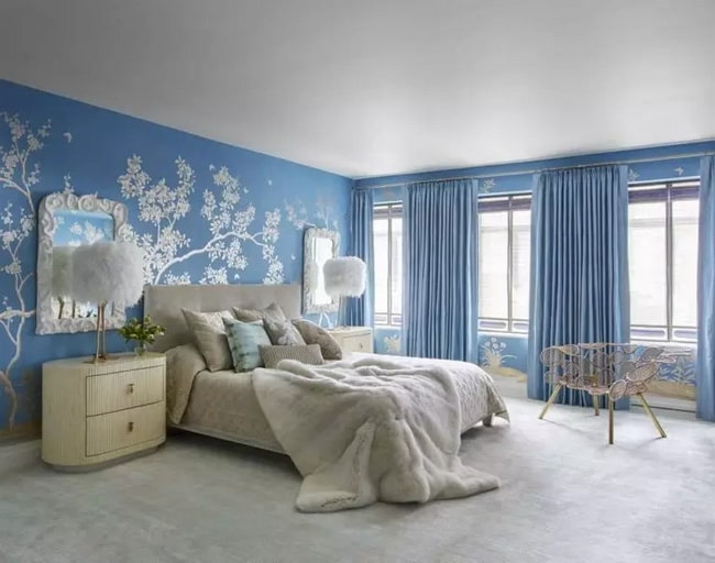 Dormitorio con paredes en color azul y suelo gris Paredes en color azul y paredes grises