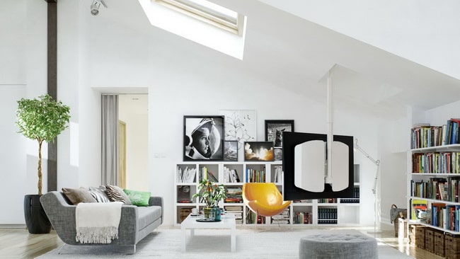 Salón moderno con TV colgada del techo Diseño italianos en la decoración del salón