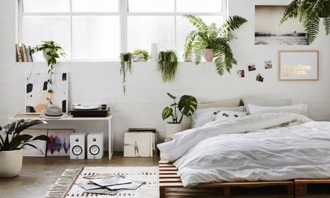 Dormitorio con muchas plantas