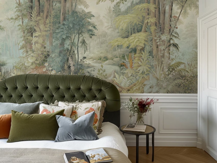 Papel pintado botánico en el cabecero de cama