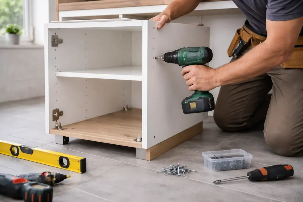 Carpintero armando muebles de cocina