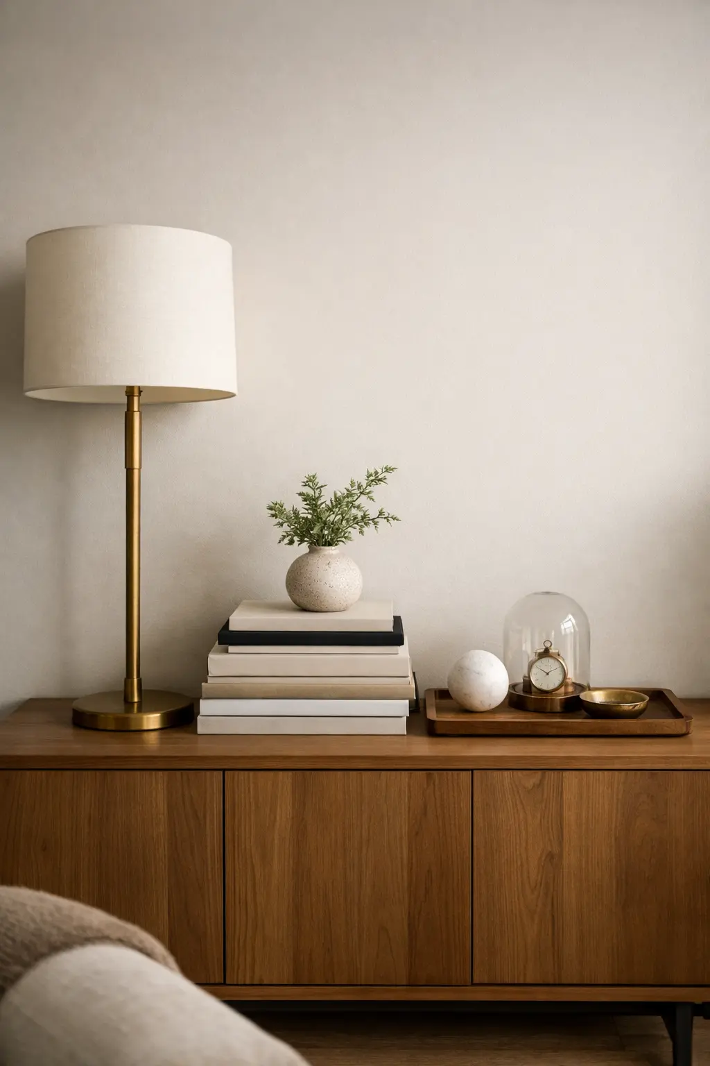 Decoración del aparador en el salón con lámpara y objetos decorativos