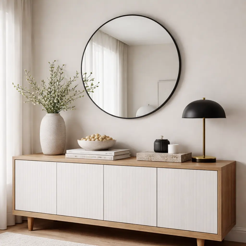 Aparador en blanco y madera. Espejo redondo con marco negro.